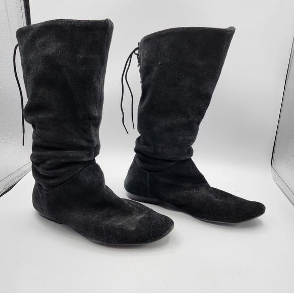 Black Suede Slouch Boots Back Lace Up Detail Flats Sz 8 - Picture 2 of 6